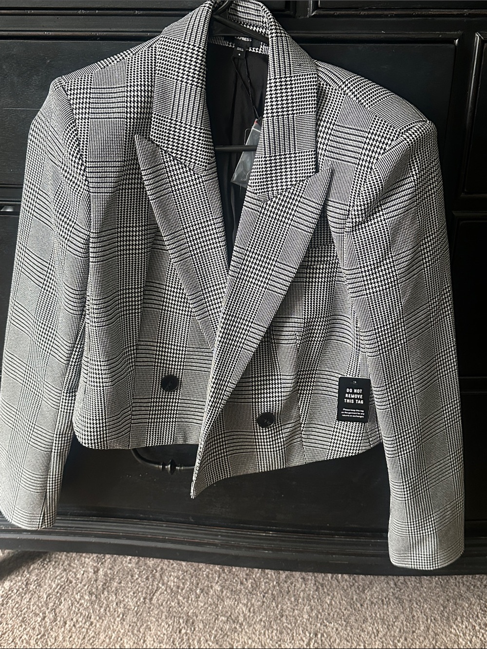 Express Cropped Glen Plaid Blazer in Black and White